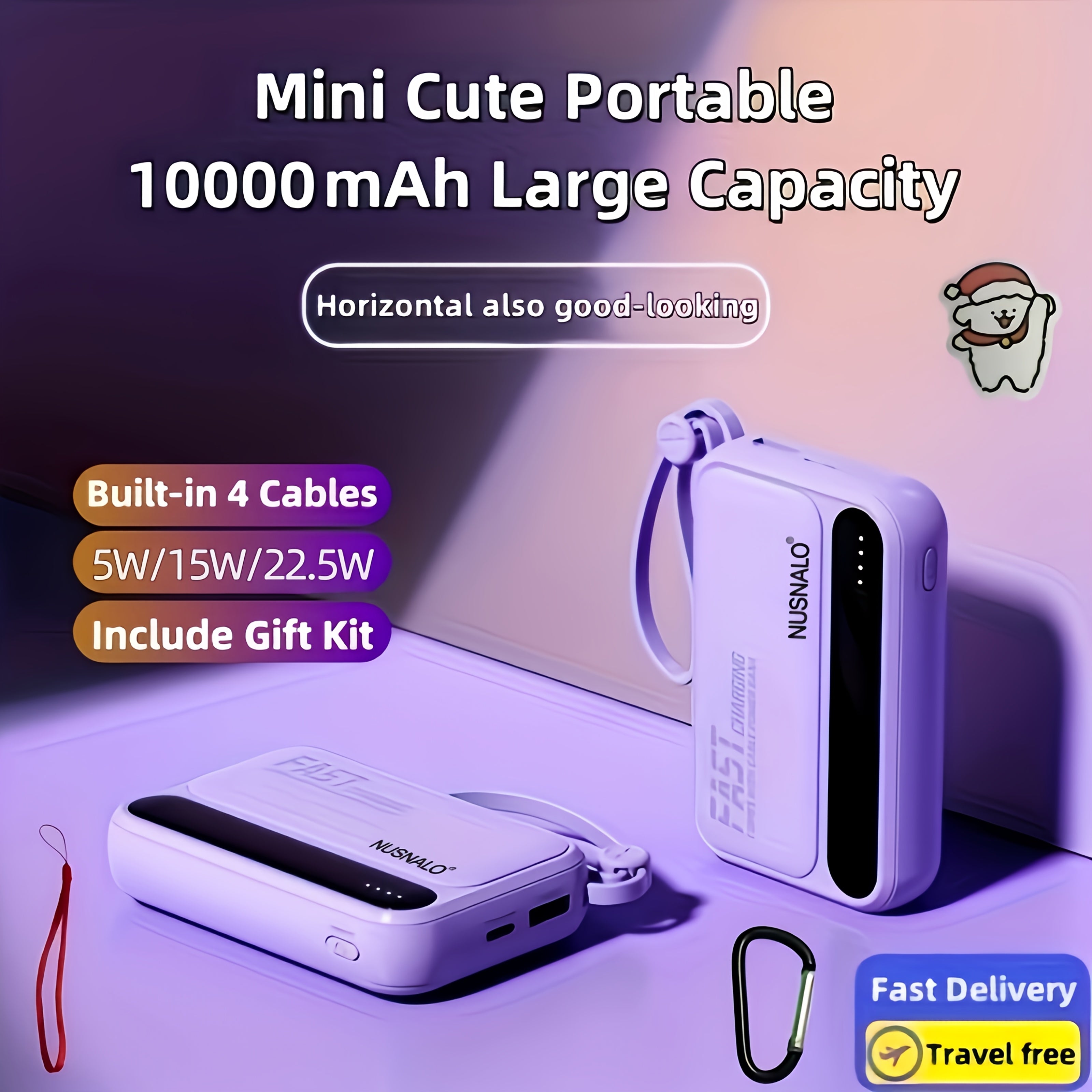 Mini Cute 10000mAh 5W/15W/22.5W Super Fast Charging Multifunctional Cartoon Power Bank, Rechargeable Portable Mobile Phone Charger, Built-with 4 Cables, Outdoor Travel Must Have Battery Packs, Smart LED Digital Display, Micro Type-C Input