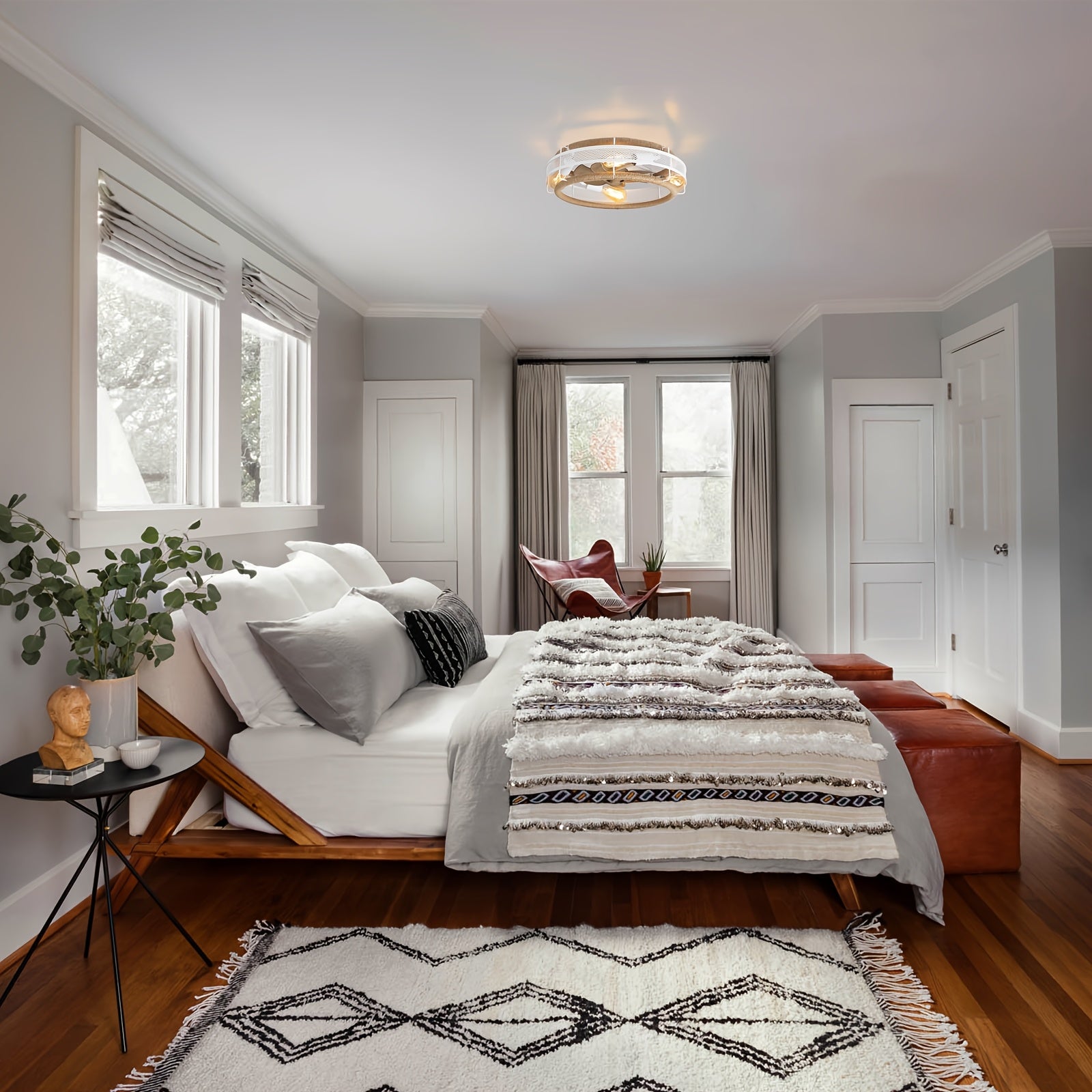 19.7 Inch Bohemian Ceiling Fan with Lights & Remote - Low-Profile Rattan Farmhouse Design, 6-Speed Leafless Fan, Matte Metal Finish, Infrared Remote, for Bedroom/Living Room/Kitchen (Black/White, Bulbs Not Included)