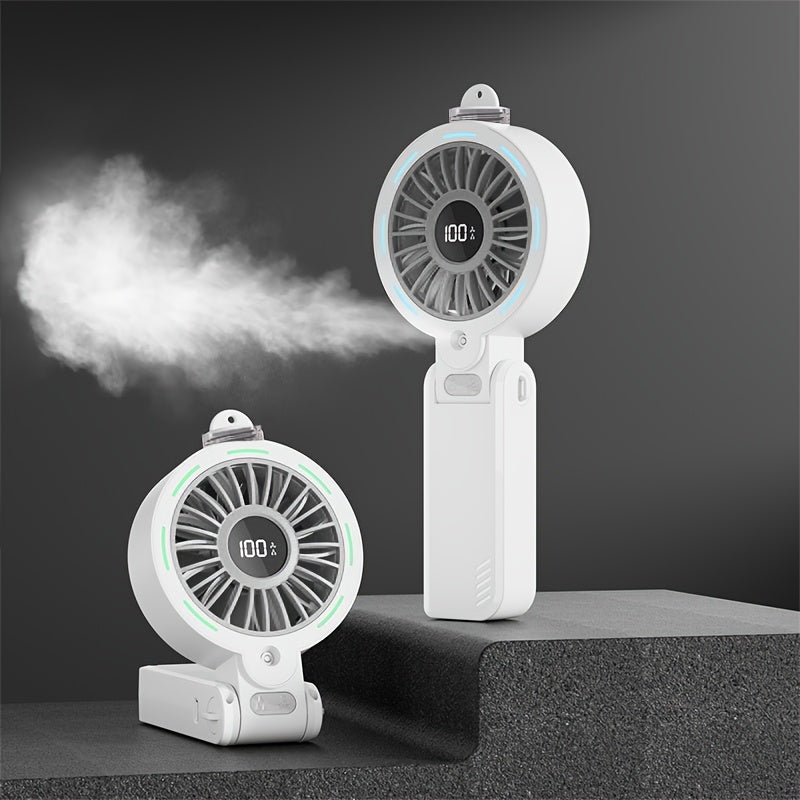 Rechargeable Portable Fan, Handheld Foldable USB Mist Fan with Removable Water Tank & Color Night Light, 3600mAh Battery, 1-100 Speed Adjustable, Strong Wind, 3-in-1 Handheld/Desktop/Hanging Use