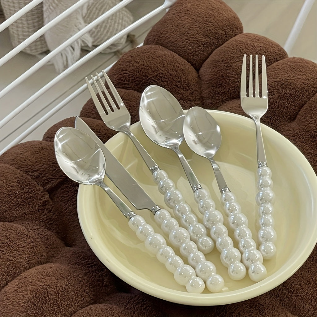8/12/16Pcs Ceramic Handle Cutlery Set, Stainless Steel Knife Fork Spoon Set, Novel Creative Pearl-Shaped Handle Fork, Soup Spoon, Rice Spoon, Perfect for Restaurant & Home Dining, Kitchen Supplies, Kitchen Accessories, Kitchen Utensil Set