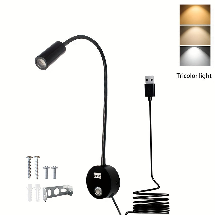Reading light spotlight, wall-mounted lamp with flexible gooseneck, touch dimmable switch, three color modes, bedside night light suitable for bed, headboard, desk