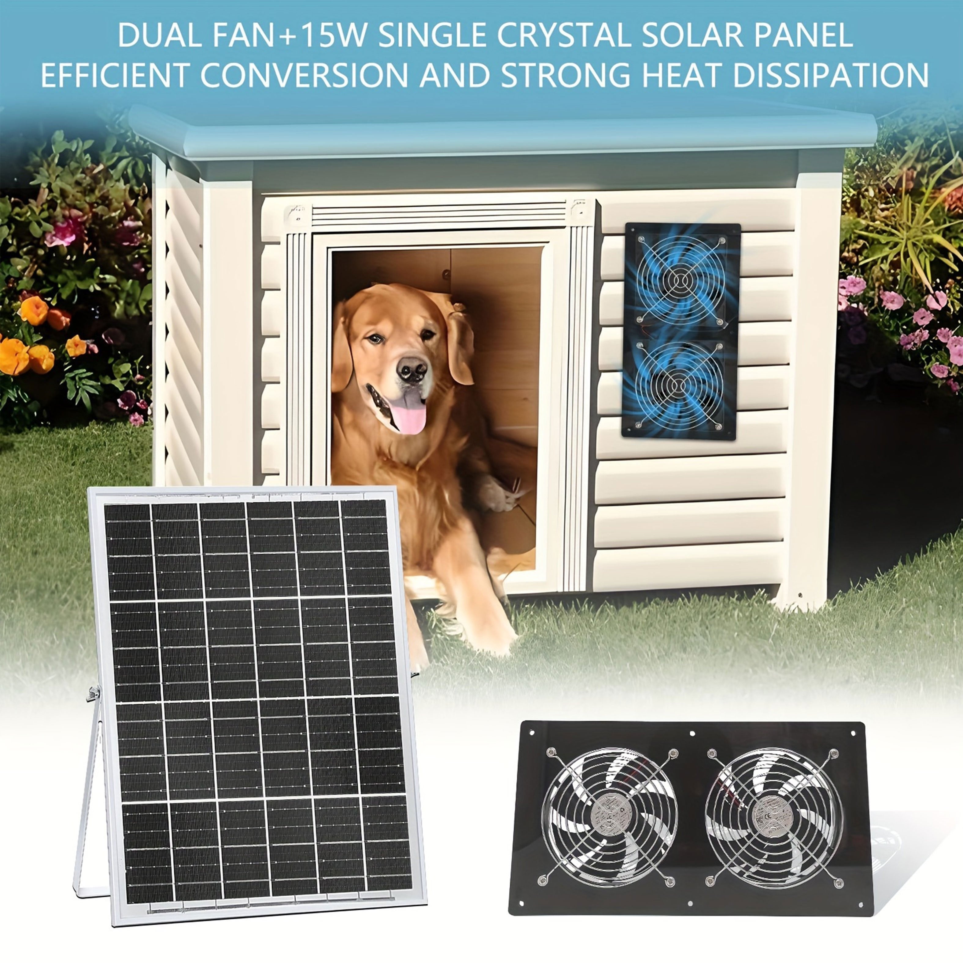 15W Solar Panel Equipped with Dual High-Speed Exhaust Fan Kit, Specially Designed for Wall-Mounted Ventilation and Cooling, Ideal for Outdoor, Solar Greenhouse, Attic, Shed, RV, Chicken Coop and Dog House