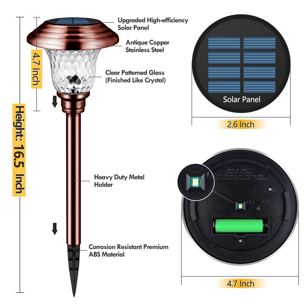 [Super Bright Solar Light] Glass & Metal 8 Pack Solar Path Lights Outdoor 20 Lumens Solar Courtyard Light Glass Stainless Steel Auto On/Off Solar Landscape Light for Lawn, Patio, Yard, Garden, Walkway, Driveway
