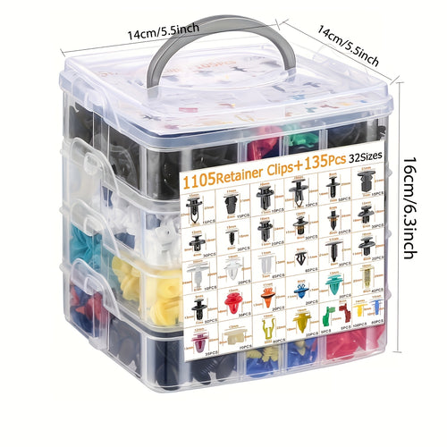 1240-Piece Automotive Push Retainer Clips & Fasteners Assortment – 1105 Push-Type Retainers, 32 Sizes of Fastener Clips, 10 Cable Ties & Fastener Removal Tool – Auto Repair Kit for Hood, Bumper & More