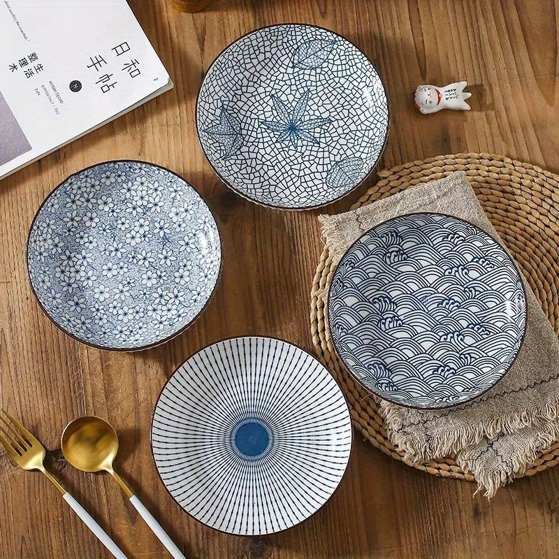 4-Piece Japanese Ceramic Floral Dinner Plate Set – Yamada Home Dinner Plates, Nordic Style Steak Plates, 7-Inch Deep Ceramic Plates, Non-Slip Rim, Under-Glaze Color Round Plates