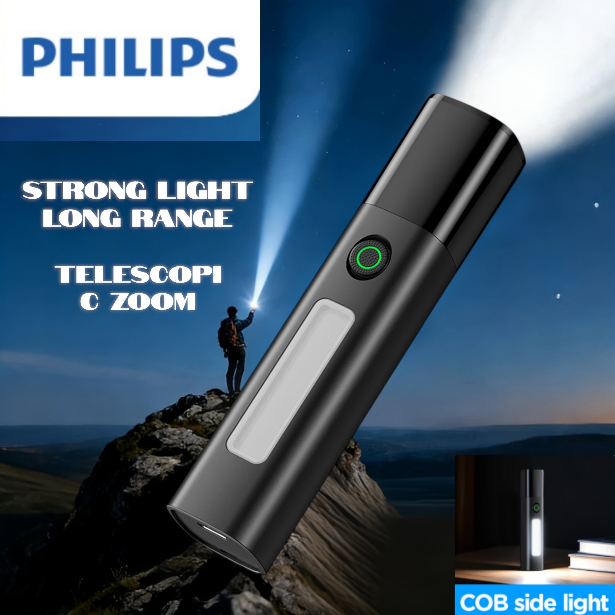 1 Pack Philips Rechargeable Flashlight, High Lumens, Side Light Function, Adjustable Beam Focus, Compact Size for Easy Carrying, Multi-Level Brightness Control, Long-Lasting Battery, Ideal for Home Emergency/Outdoor Camping/Adventure
