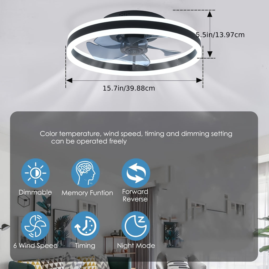 Low Profile Ceiling Fan with Light and Remote, Fandelier Flush Mount Ceiling Fan, 20 Inch Installation, Smart Bladeless LED Fan Light, 3000K-6500K, Black Modern Ceiling Fan for Bedroom