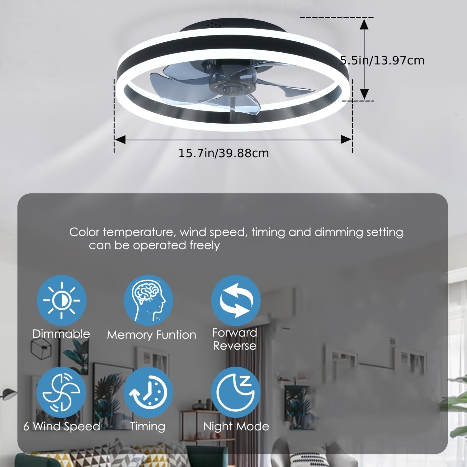 Low Profile Ceiling Fan with Light and Remote, Fandelier Flush Mount Ceiling Fan, 20 Inch Installation, Smart Bladeless LED Fan Light, 3000K-6500K, Black Modern Ceiling Fan for Bedroom