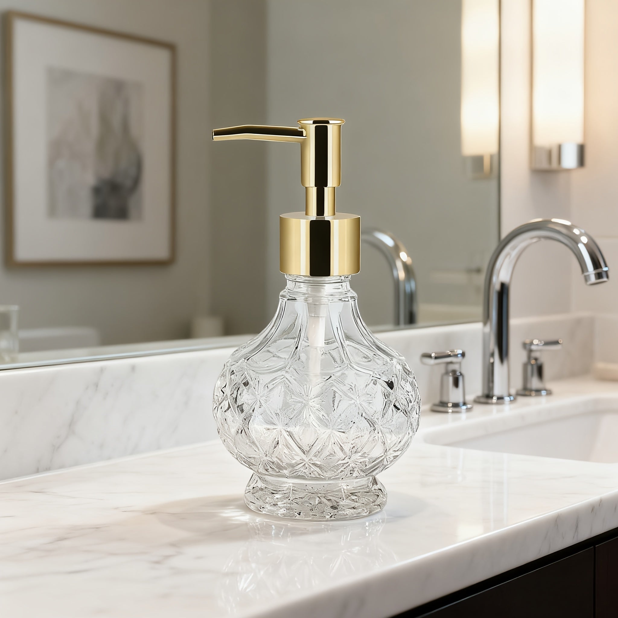 Glass Soap Dispenser with Pump - Clear Crystal Design, Vintage Elegance, Refillable Hand Soap Bottle for Bathroom Countertop & Kitchen Sink, 200ml/6.76oz