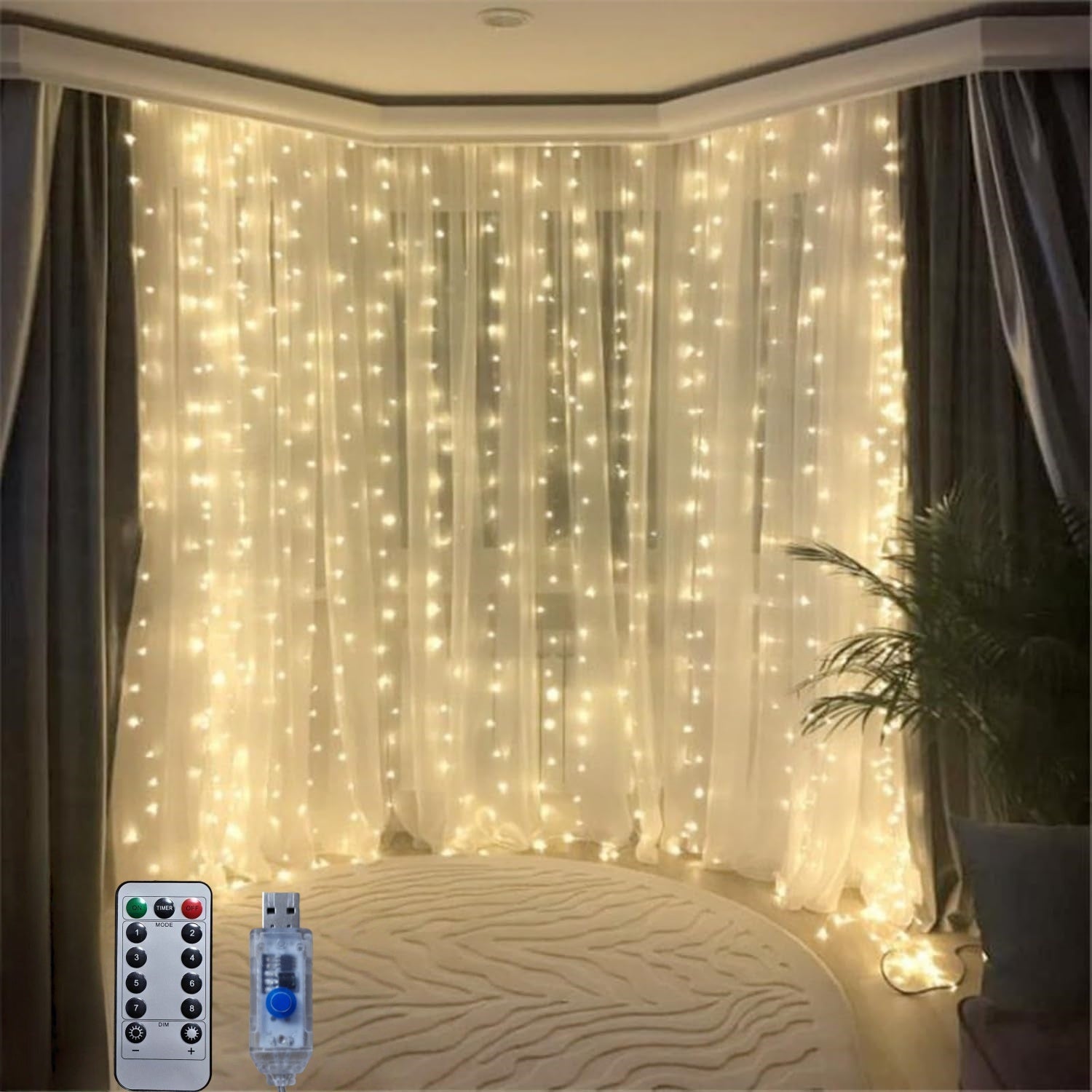 LED 童话窗帘灯，仙女灯串，卧室用童话窗帘灯，冷白 USB 插入式 8 种模式吊灯串，带遥控器，适用于圣诞节、卧室、室内、婚礼、派对等装饰 适合四个季节