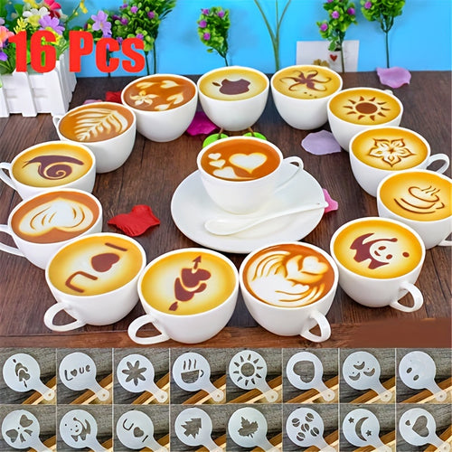 16PCS Coffee Stencil Art Templates - Printing Patterns for Coffee, Milk Cake & Cappuccino, Cake Drawing Stencils, Home Kitchen Baking Supplies