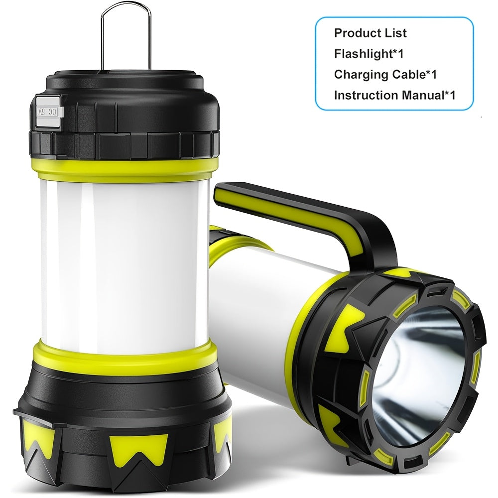 Rechargeable Flashlight Camping Lantern, 6 Lighting Modes, Super Bright LED Spotlight, 3000mAh Battery, Foldable Hook & Side Light, Handheld Torch for Emergency Power Outage Hiking Camping