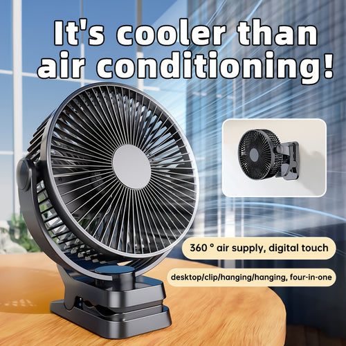 10000mAh Large Size Portable Desktop Fan, 5 Speed Levels, LED Digital Display for Power & Gear, 360° Adjustable Air Angle, USB Rechargeable Long Lasting Battery Fan for Office Camping Party Travel