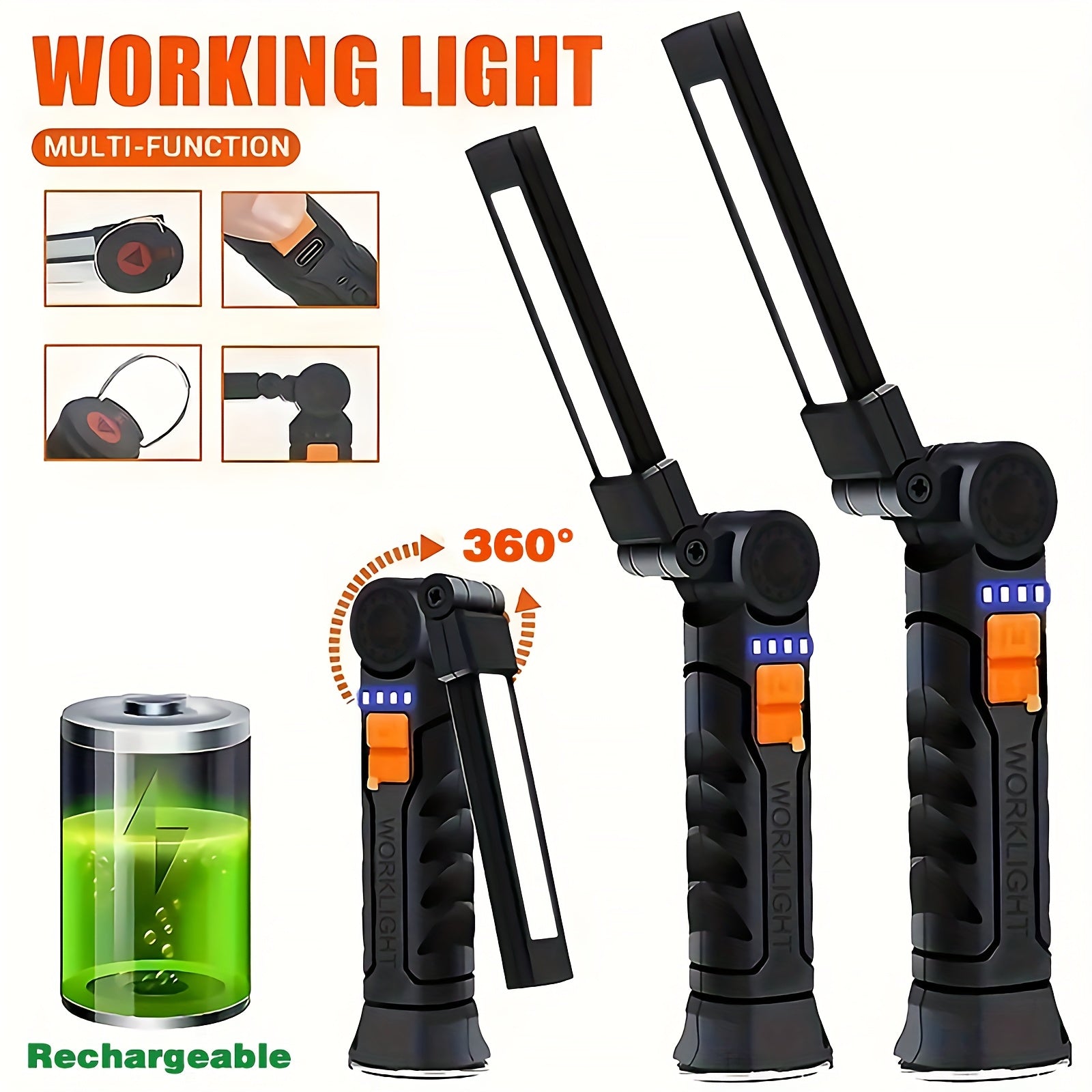 1/2Pcs Magnetic Base LED Work Light, Type-C Rechargeable, 4 Lighting Modes 360° Rotatable High Bright Flashlight, Multipurpose for Repair Outdoor Christmas Gift Men Gift