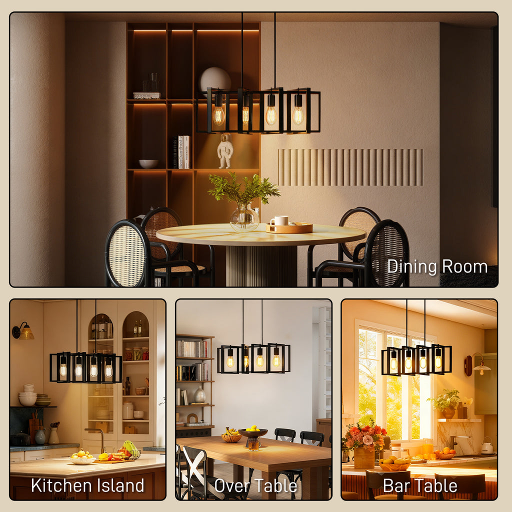 HOMCOM 31.5-inch pendant light, farmhouse style kitchen island lighting fixture, equipped with 4 rotatable lamp arms and adjustable height, suitable for living room, dining room, hallway, E26 base, black