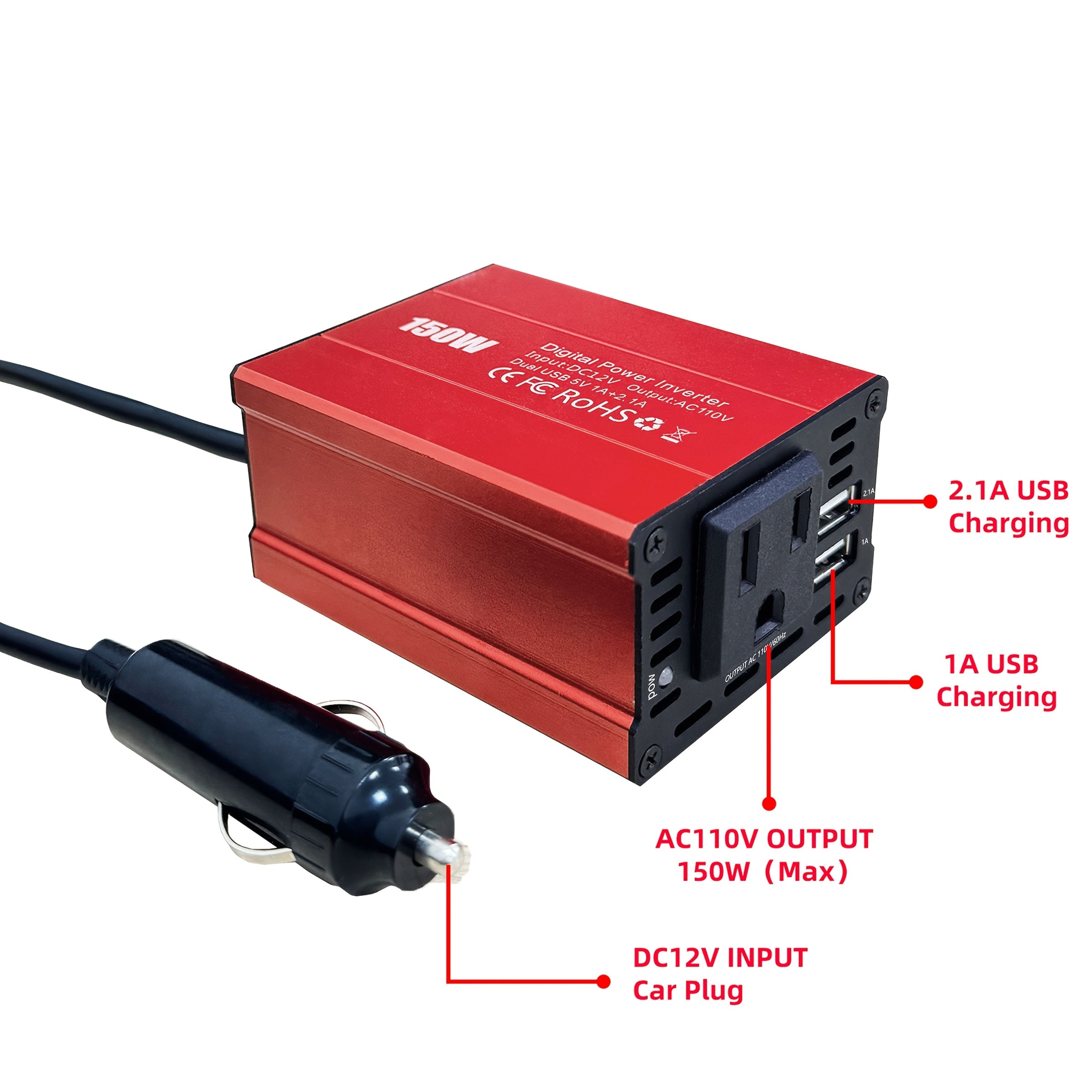 150W 车载逆变器 12V DC 转 110V AC 车载插头适配器转换器，带 3.1A 双 USB AC 车载充电器，适用于笔记本电脑，不含电池