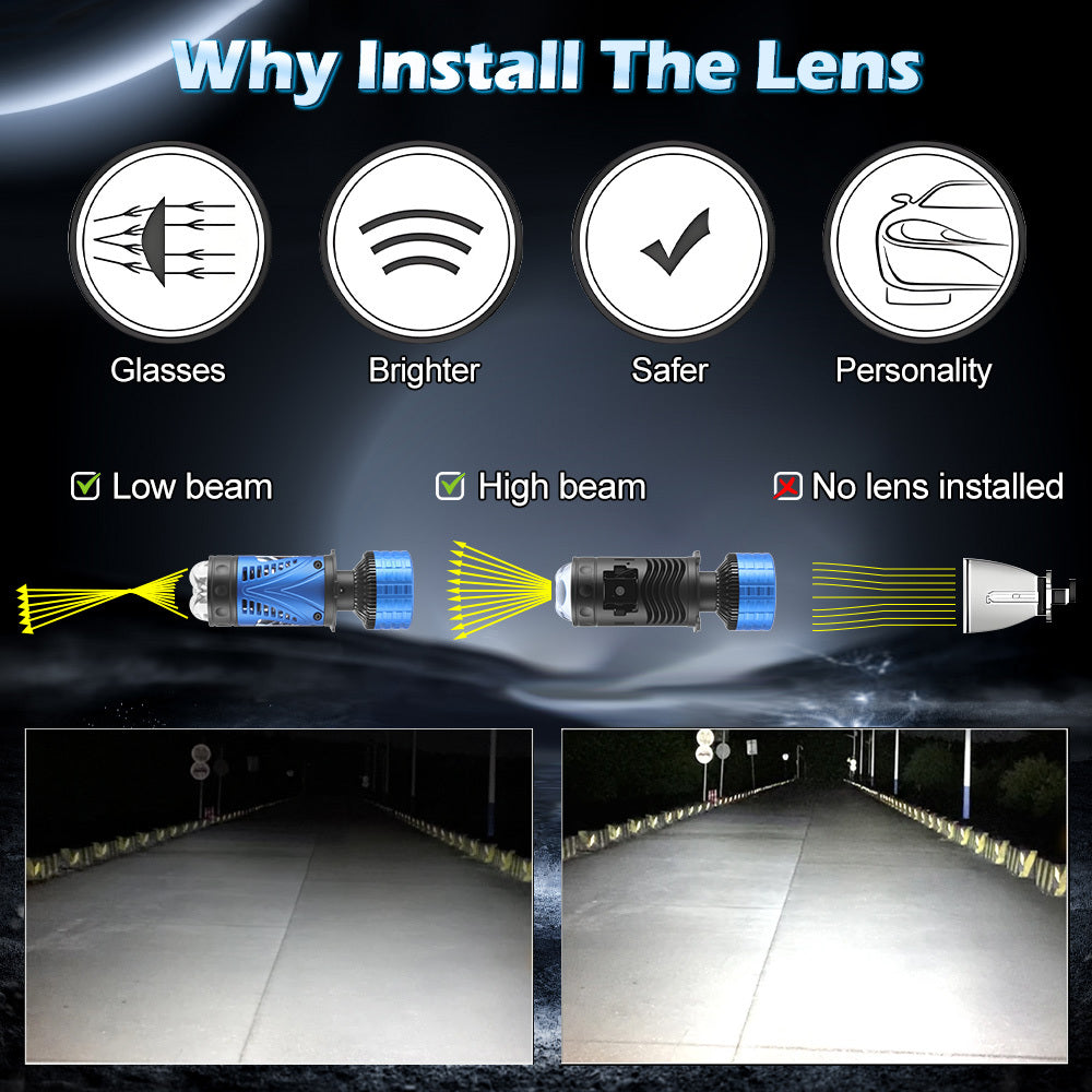 Super Bright White Headlight, 2-Piece Lens LED Headlight for Left-Hand Drive, Suitable for Cars and Motorcycles, H4 High/Low Beam 2-in-1 LED Chips, 6500K White Light 60000 Lumens 300W, Left-Hand Drive Plug-and-Play