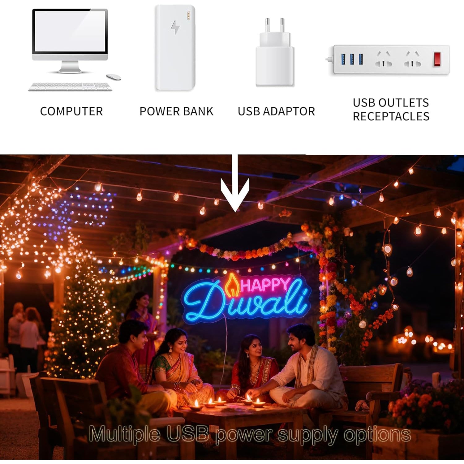 Happy Diwali LED neon light, festival light, oil lamp shape LED neon light, USB powered, home Diwali decoration, wall room bedroom decoration, neon light