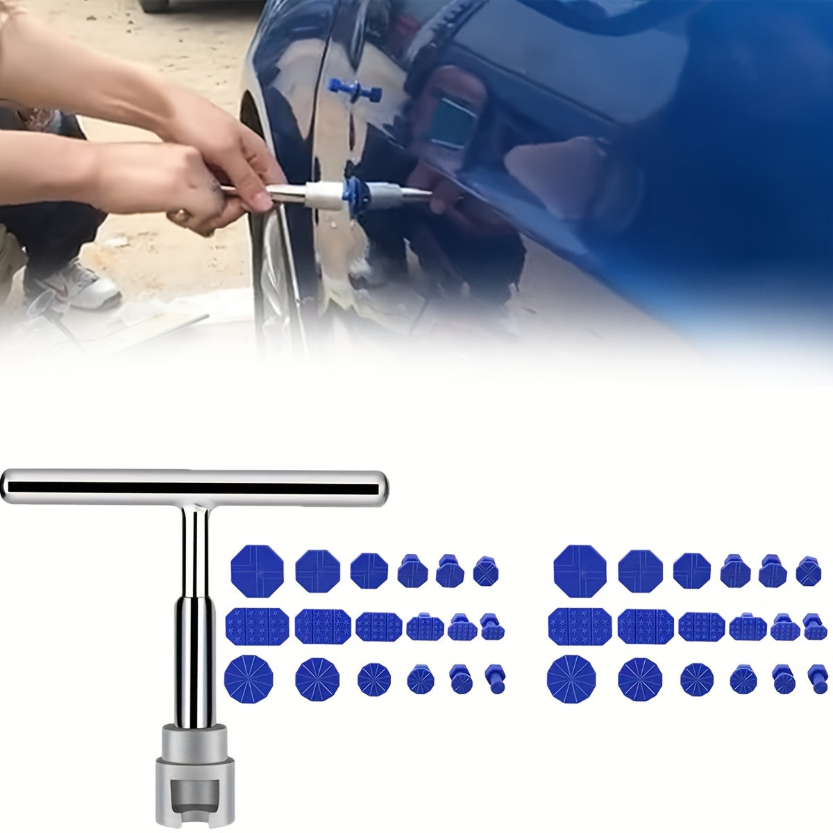 1 Set Car Dent Repair Tool, Silver T-Handle with 36 Blue Car Dent Pulling Tabs, Affordable, Sturdy and Durable, Industrial Grade Quality, Dent Repair Tabs Tool, Car Dent Collision Repair Tool, Restore Perfect Body