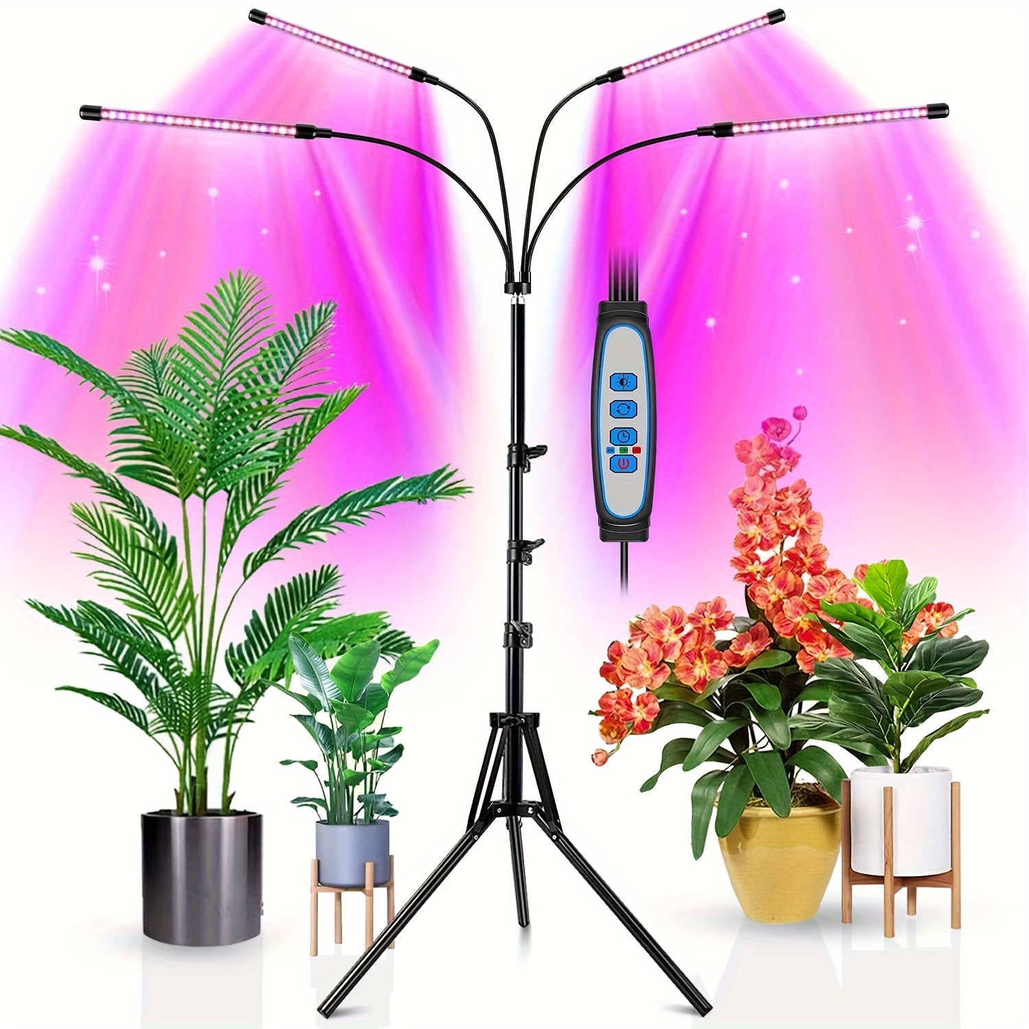 Indoor Plant Grow Light, 100 LED Beads, Full Spectrum, 4/5-Head Design with Adjustable Stand, 3/9/12H Auto Timer, 3 Lighting Modes & 10 Dimming Levels