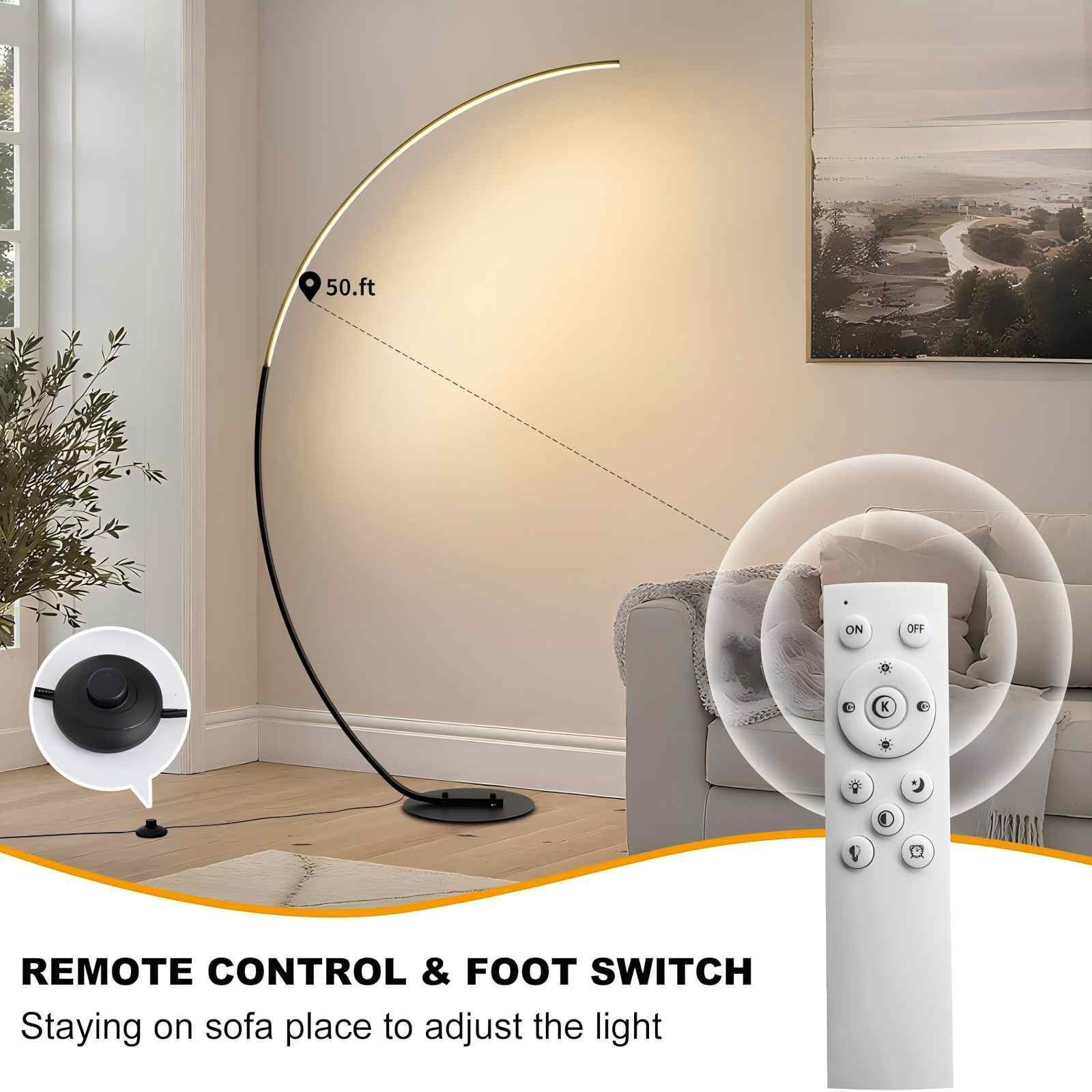 65-inch modern arc floor lamp with remote control, LED dimmable curved reading floor lamp, 3-color temperature vertical floor lamp, timer corner floor lamp, suitable for bedroom, living room, office