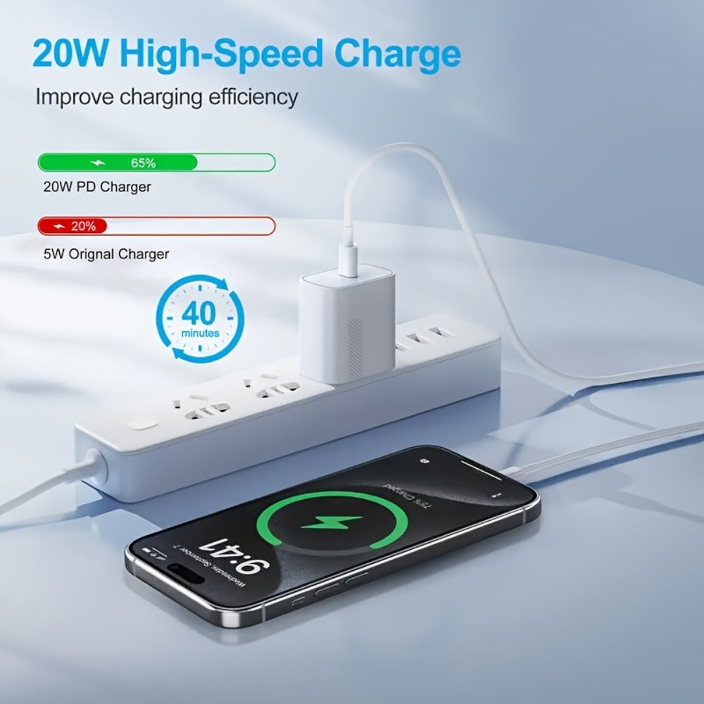 2-Pack 20W PD Fast Charger Set for iPhone 8-14 Series | 60% Charge in 30 Mins with 39.37inch Cable & US Adapter