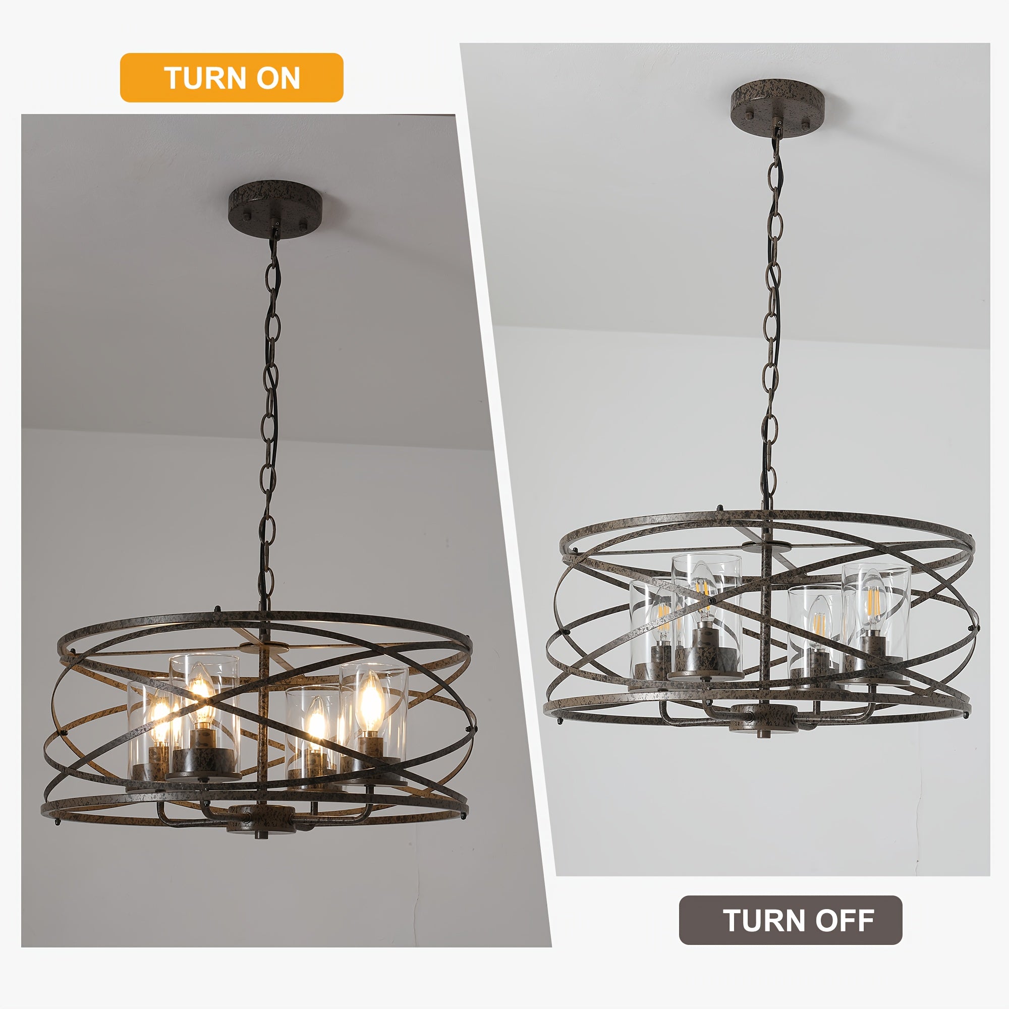 Ganeed 4-Light Farmhouse Pendant Light, Natural Wood Grain Vintage Rustic Chandelier Black Metal Industrial Glass Shade Hanging Fixture, Suitable for Entryway, Bedroom, Dining Room, Entryway Lighting, Bedroom Lighting