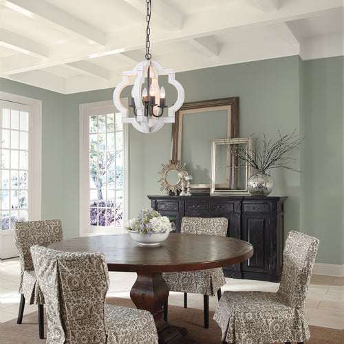 16" oak farmhouse pendant light | faux aged white wood chandelier, suitable for dining room, kitchen, living room, bedroom, entryway, foyer | semi-flush mount installation, polished metal lamp head, E12 bulb base, hardwired, MENCOLULU brand