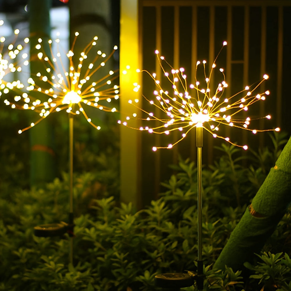 2个太阳能花园烟火灯 - 90颗LED，智能光感自动亮度调节，适合庭院、后院及小径装饰