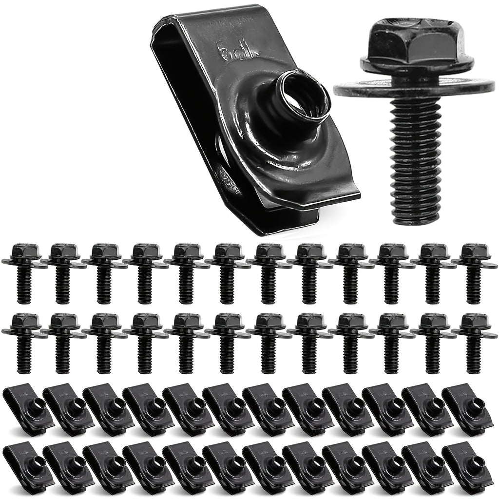 50-Piece 1/4" U-Nut Clips and Hex Head Auto Fender Bolt Set – for Car Fenders, Engine Splash Shields, Hoods & Bumpers