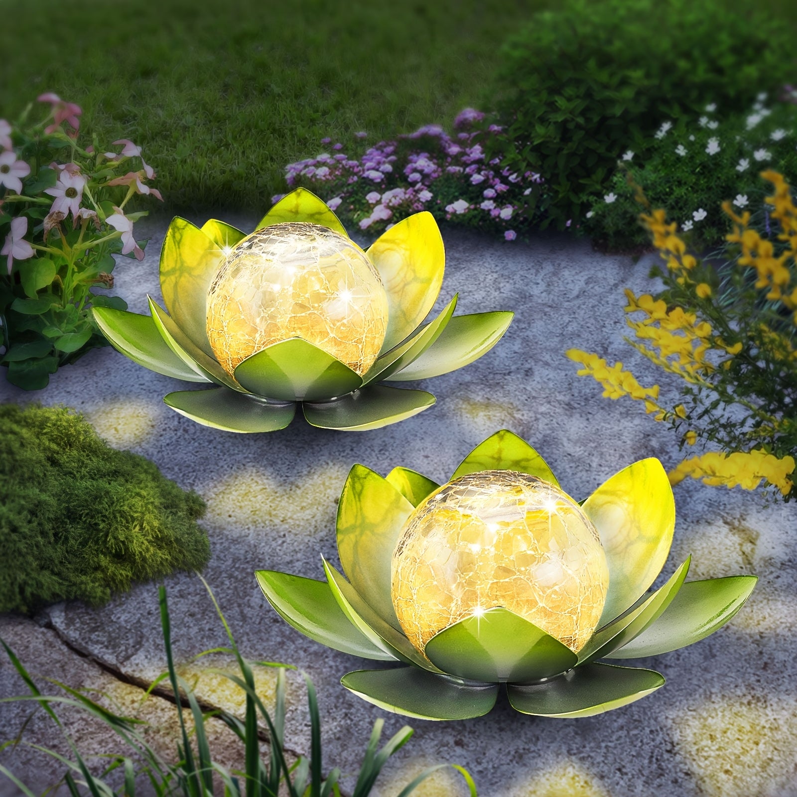 2 Pack Outdoor Solar Pink Lotus Light, Wrought Iron Garden Decoration, LED Light with Cracked Glass Ball, IPX4 Waterproof Rating, Perfect for Patio, Lawn, Terrace, Tabletop, Gift for Mom