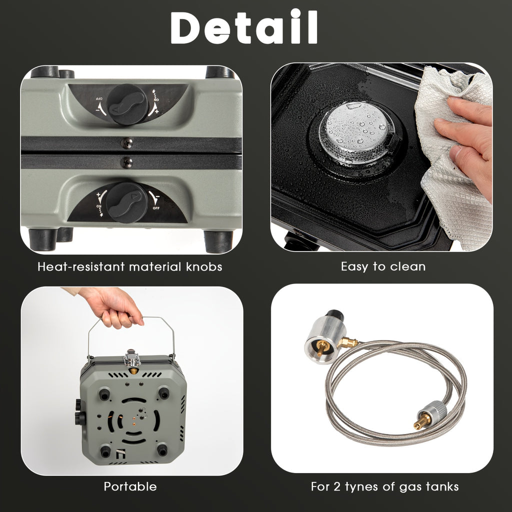 Dual-Burner 17,000 BTU Propane Camping Stove, Portable Folding Gas Cooktop with Adjustable Flame Control & Piezo Ignition, Includes Carry Bag & Griddle, Ideal for Camping, BBQ, Tailgating