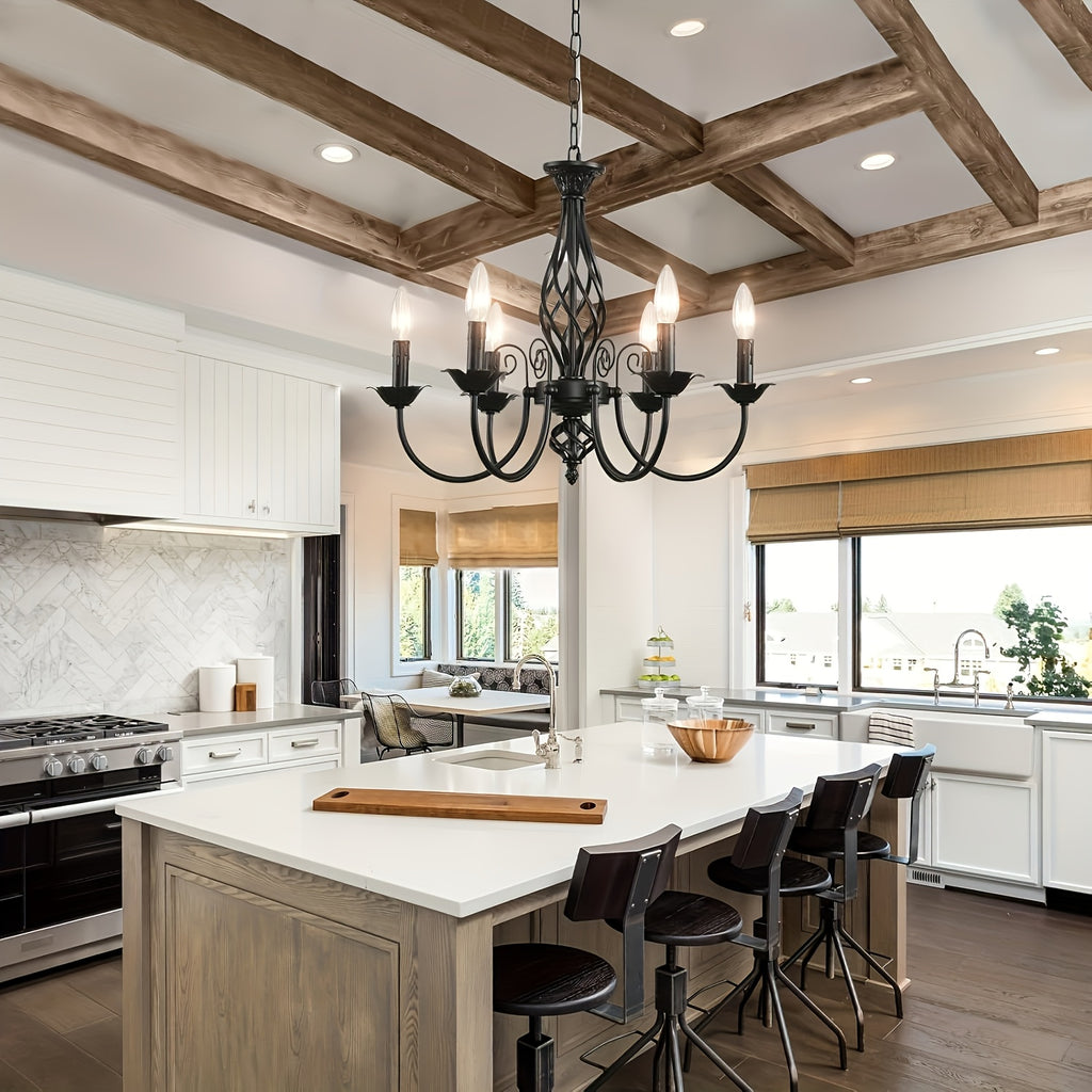 Farmhouse Candle Chandelier Ceiling Light, Rustic Industrial Pendant Ceiling Fixture, Vintage Chandelier for Bedroom, Hallway, Kitchen, Dining Room, Bar, Foyer, Matte Black E14 Bulb Base (Bulb Not Included)
