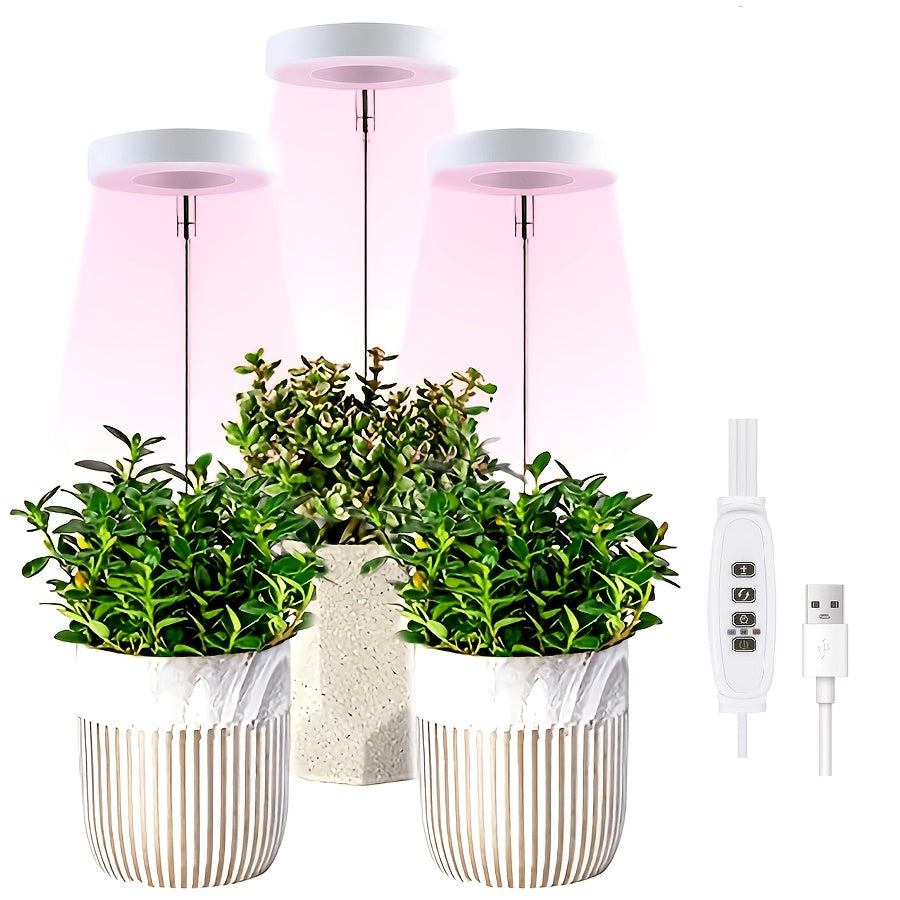 3 Pcs LED Plant Grow Light, Indoor Full Spectrum Ring Grow Light, Adjustable Height & Angle USB 5V Plant Lamp with 2/4/8H Auto Timer, 3 Lamp Heads, Seedlings Succulents Starting Grow Light
