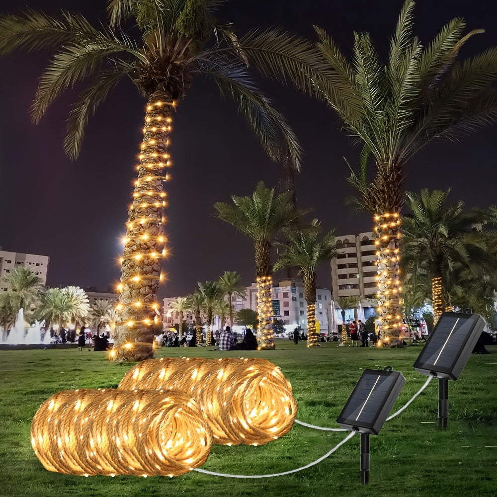2个户外太阳能灯串，带200个LED灯珠，393.7英寸的仙女灯光，IP65防水绳索仙女花园灯，带智能光传感器，适用于节日花环，196.85英寸带100个LED灯珠，8种模式，适用于庭院、阳台、露营、围栏、婚礼、派对、万圣节