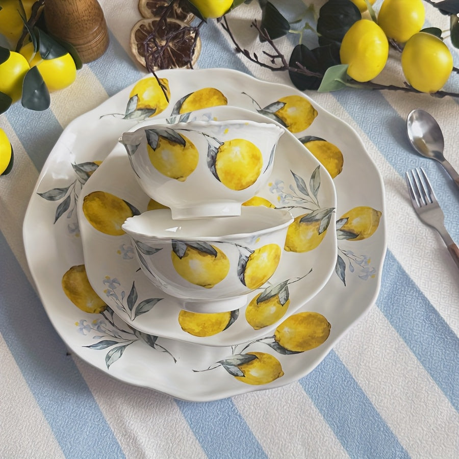 2/4pcs Lemon Pattern Ceramic Dinnerware – Rice Bowl, Cereal Bowl, Salad Plate, Fruit Plate, Steak Plate – Perfect for Restaurant, Hotel, Parties, Harvest Festival – Microwave Safe