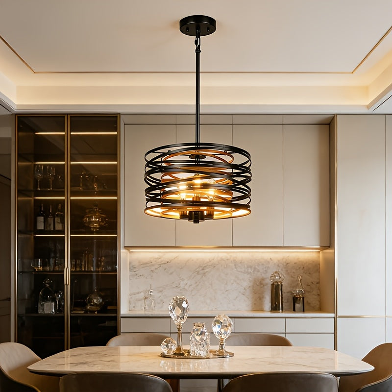 Adjustable Height Industrial Spiral Pendant Light, 3-Light Black Drum Cage Pendant Light with Sloped Ceiling Adapter, Modern Rustic Style Lighting Fixture, Suitable for Dining Room Hall, E12 Socket (Bulb Not Included)