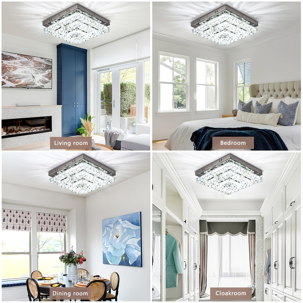 11.8" Elegant Crystal Chandelier LED Crystal Ceiling Light Modern Square Fixture, Suitable for Bedroom, Hallway, Kitchen and Office (6500K Cool White Light), Remote Control Not Included