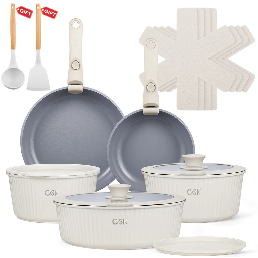 17-Piece Cookware Set with Removable Handle Non-Stick Pots – Non-Stick Kitchen Cookware Set with Detachable Handle – Induction Cooktop Compatible for Camping – Oven & Dishwasher Safe