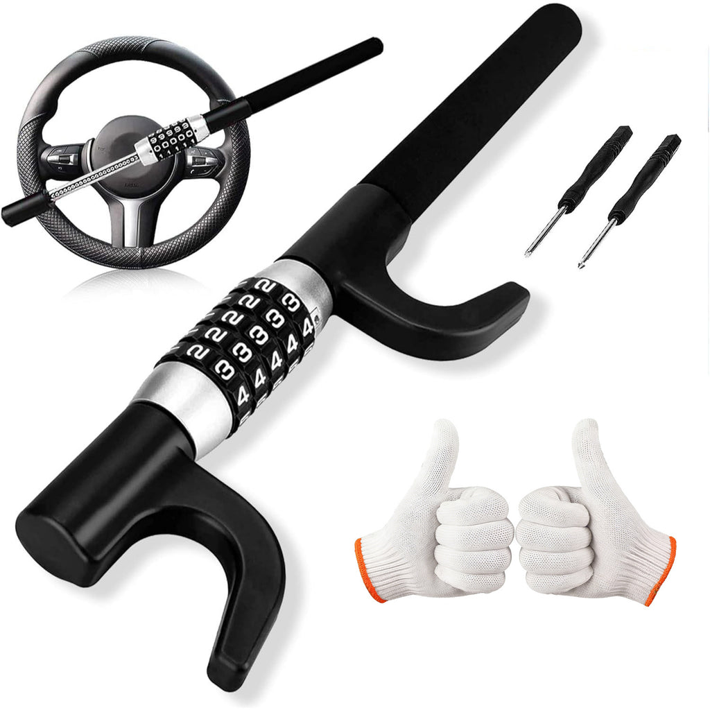 Steering Wheel Anti-Theft Lock – Vehicle Telescopic Heavy-Duty Security Lock, Keyless 5-Digit Combination Code, Universal Fit for Sedans, Trucks, Vans & SUVs (Includes One Pair of Gloves)