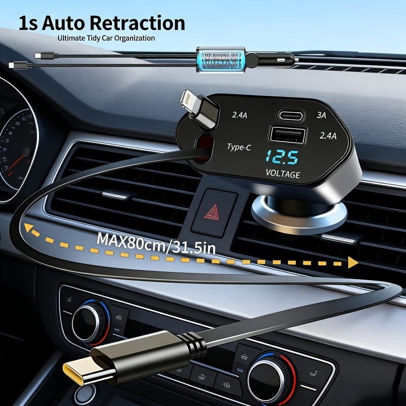[W&O] Car Phone Charger, 4-In-1 Fast Car Charger Adapter with Dual Cable Retractable Phone Charger Cable, Fast Charging, Compatible with Type-C And IOS Dual Systems, 2 Ports (USB-A And USB-C) Universal Cigarette Lighter USB Interface