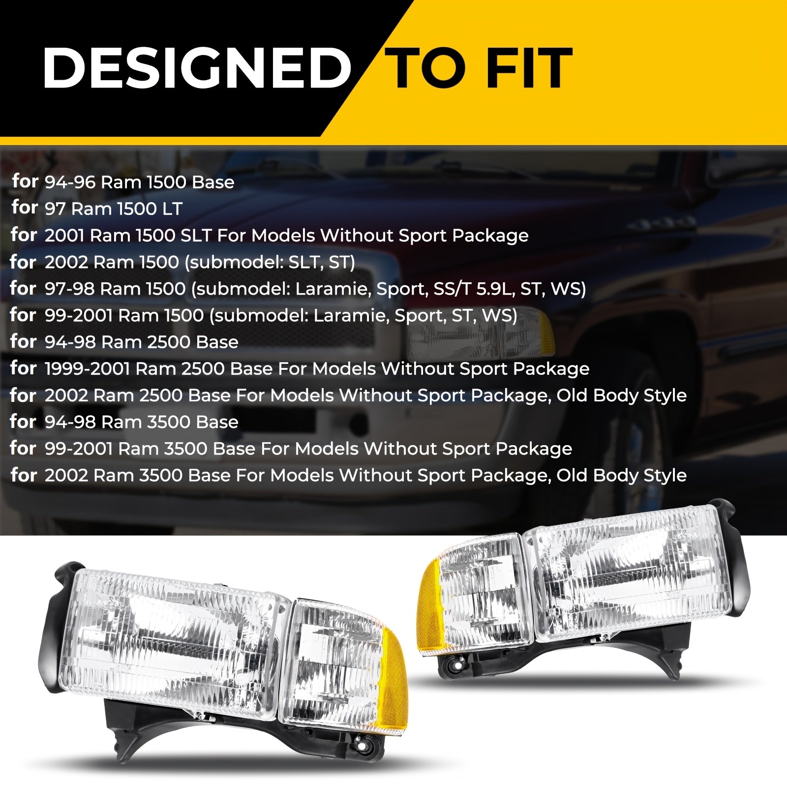 Headlight Assembly for Dodge RAM 1500/2500/3500 (1994-2002) - Direct Replacement Headlight with Clear Lens (Bulbs Not Included), Compatible with Part Numbers 55076749AD/AO, 55076748AD/AO, for Pickup Trucks