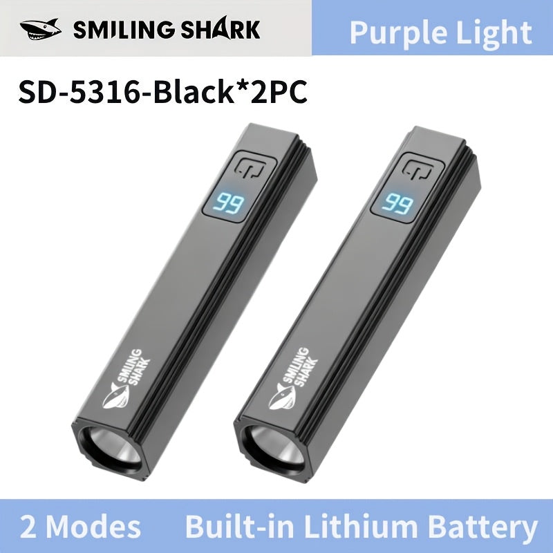 2PC SMILING SHARK LED Inspection Flashlight, Rechargeable Purple Light, 395nm UV Light, Ultra-Bright Handheld Lamp, 30s/60s Dual Mode, Type-C Fast Charging, Portable Flashlight for Night Use SD5316