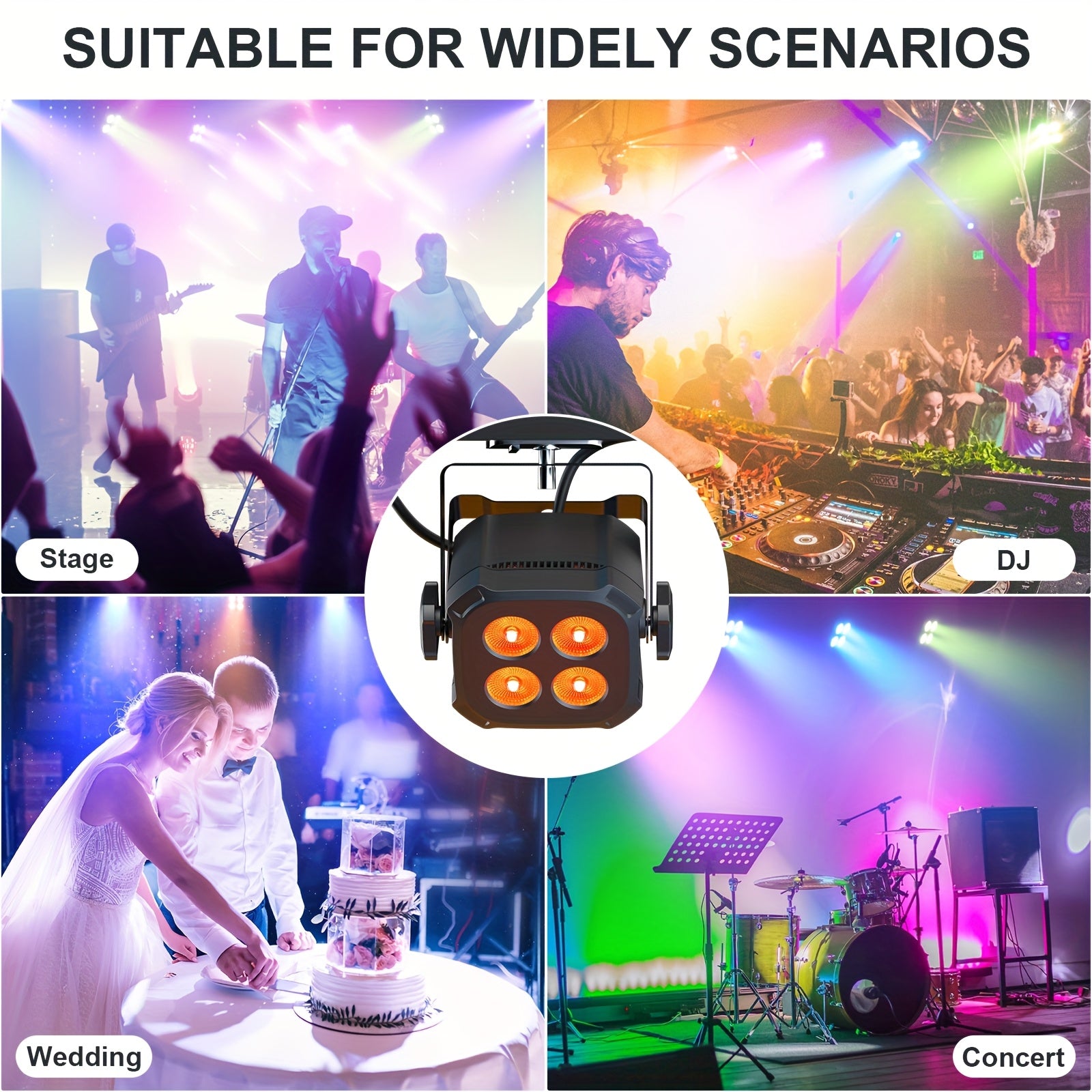 Mini stage light, available in 1, 2 or 4-pack, equipped with four 15W LED Par lights. These lightweight RGBW 4-in-1 LED stage lights feature DMX512 and sound-activated functions, suitable for home use, parties, performances and events.