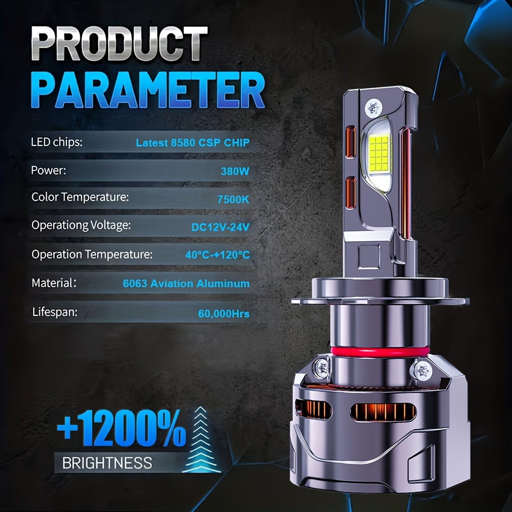 2-Pack Car LED Headlights - 380W, 600,000 Lumens, 1200% Brightness Increase, H1, H4, 9003, HB2, H7, H18, H11, H9, H8, 12V-24V, External Driver, High/Low Beam and Fog Light, Plug-and-Play, No Battery Needed. H11 Car LED Headlights