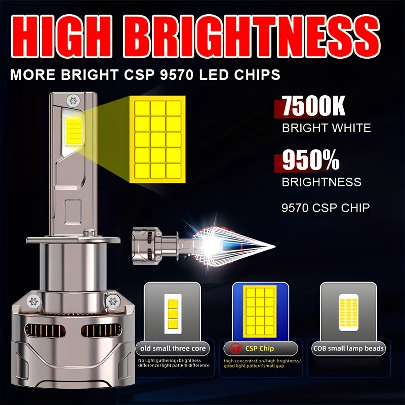2Pcs LED Car Headlight Bulbs, 7500K White, High Beam and Low Beam, Bright Chips, 12/24V, Aluminum, Plug-and-Play, with External Driver Can, Compatible with H4 H7 H11 H9 9005 HB3 9006 9012 Hir2 H8 HB2