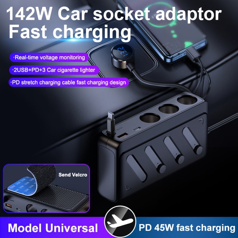 6-in-1 Retractable  Charger with 39.37-inch Retractable Cable, Multi-Function  Charger, 12V/24V, Type-C and QC3.0, USB PD Charging Ports, Independent Switch, LED Voltage Display