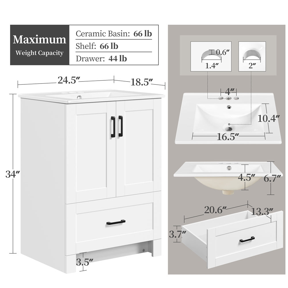 Costoffs Freestanding Bathroom Vanity with Ceramic Sink - 2-Door Base Cabinet with Drawers, Modern Bathroom Storage Combo Set, Home Furniture