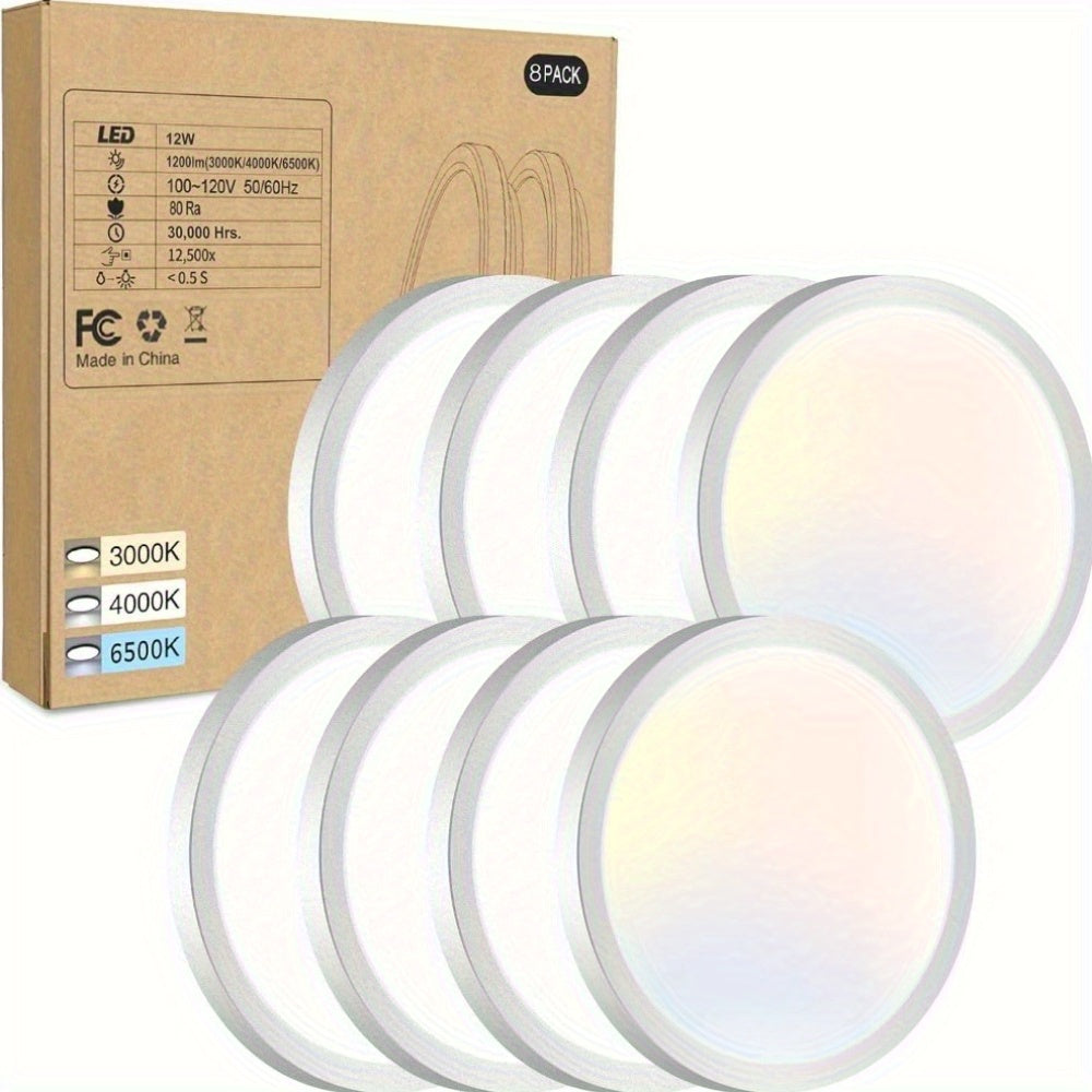 8-pack, 6.5-inch white LED ceiling light set, available in three color options: 3000K, 4000K and 6500K. This 12W, 1200LM flat round ceiling light is very suitable for kitchen, bedroom, hallway and porch.