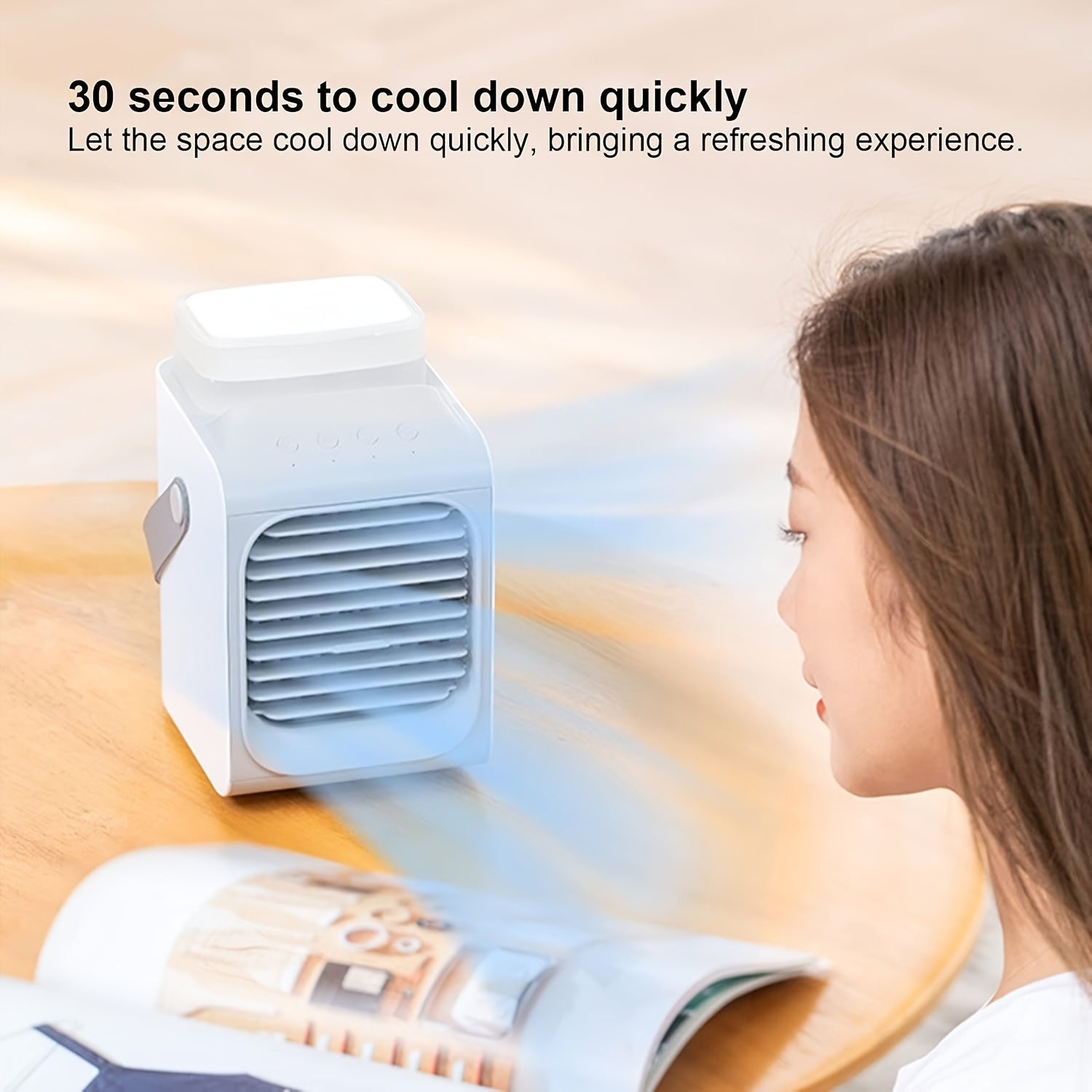 11.83oz Portable Mini Desktop Air Conditioner, USB Rechargeable 90° Oscillating Fan, Compact Square Design for Home Office Travel, Labor-Saving Easy to Use, Modern Aesthetic Durable Structure